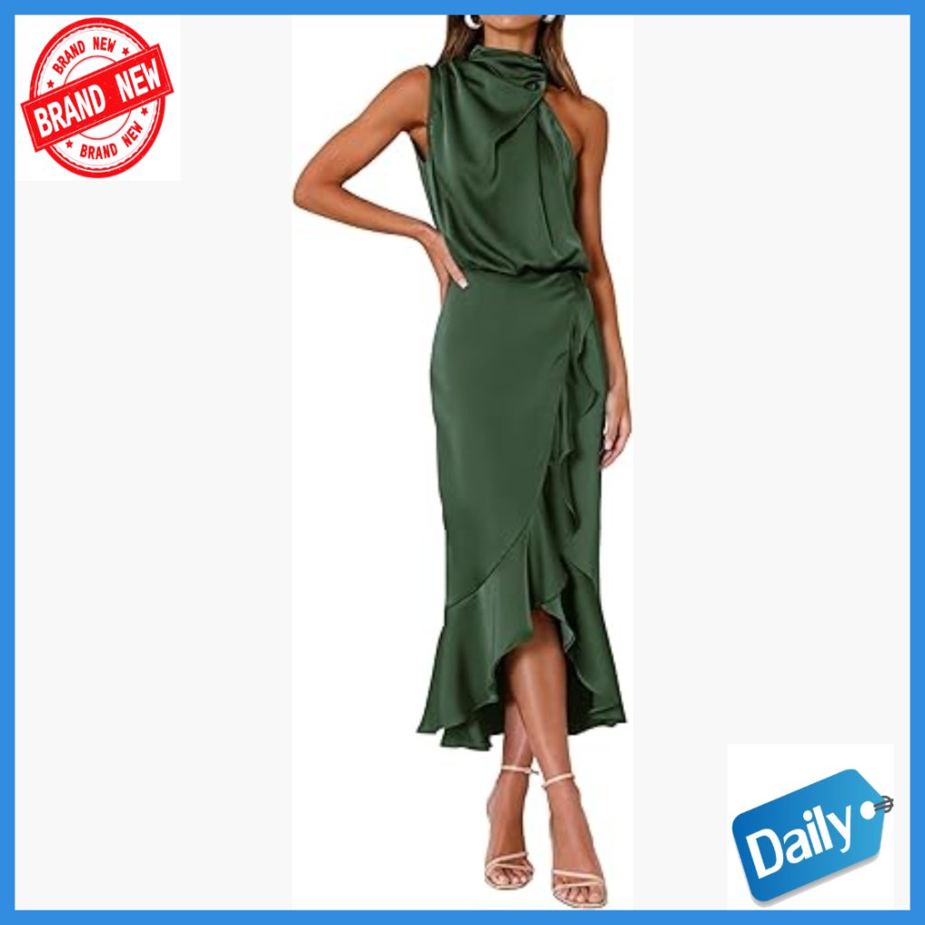 Satin Mock Neck Wrap Midi Dress Formal Cocktail Wedding Guest Party